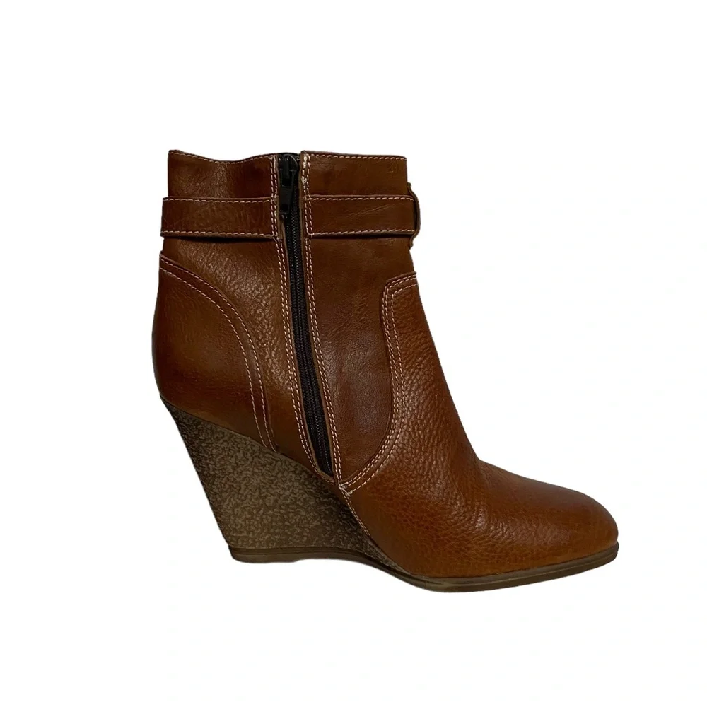 Italian Nara Shoes Leather Wedge Winter‎ Break Casual Chic Bootie Cognac Brown